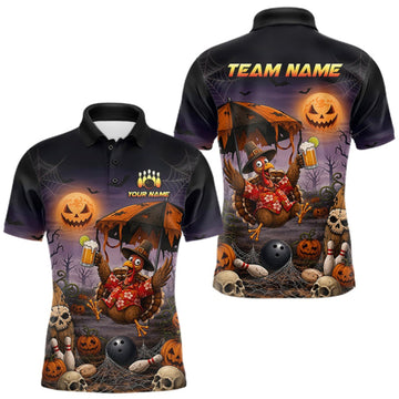 Maxcorners Custom Name Halloween Bowling Polo 1/4-Zip Shirt Funny Jumping Turkey With Beer Bowling Jersey For Men LM0409