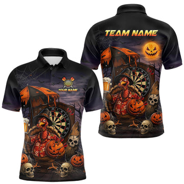 Maxcorners Custom Halloween Darts Polo 1/4-Zip Shirt Funny Drunk Turkey With Beer Pumpkin Darts Jersey For Men