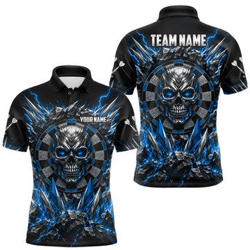 Maxcorners Custom Silver Skull Darts 1/4-Zip Polo Shirt For Men Blue Thunder Darts Team Tournament Jersey