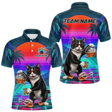 Maxcorners Custom Retro Mens Bowling Shirt Bartender Cat Bowling Polo Quarter-Zip Jersey, Funny Bowler Gift LM0409