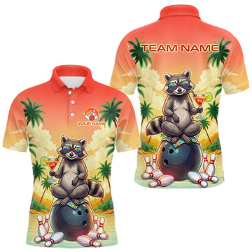 Maxcorners Custom Name Funny Bowling Shirt For Men, Raccoon With Cocktail Sunset Bowling Apparel Gift For Bowlers LM0409