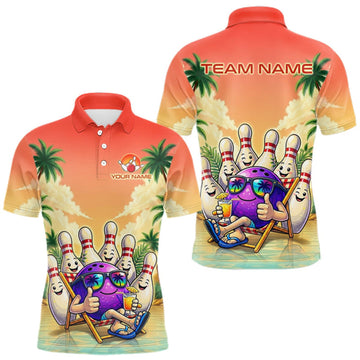Maxcorners Personalized Funny Bowling Jersey For Men Custom Name Tropical Beach Bowling Polo Quarter-Zip Shirt LM0409