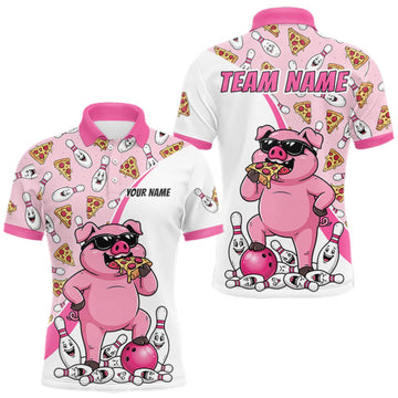 Maxcorners Custom Pig Pizza Graphic Bowling Polo 1/4-Zip Shirt For Men Funny Bowling League Team Uniform LM0409