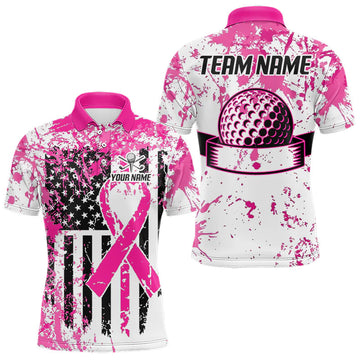 Maxcorners American Flag Splatter Pink Men Golf Polo Shirt Custom Breast Cancer Golf Team Outfits LM0106