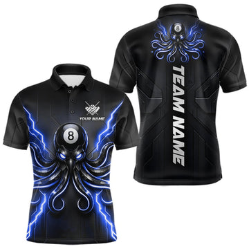 Maxcorners Thunder Blue Octopus 8 Ball Billiard Polo Quarter-Zip For Men Custom Funny Billiard Pool Team Jersey LM0409