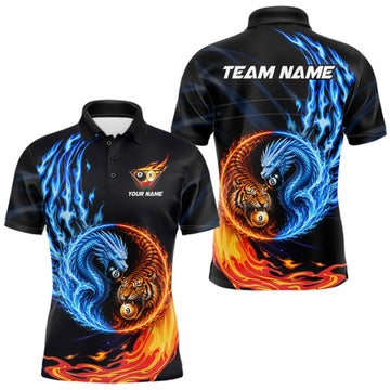 Maxcorners Dragon 8-Ball And Tiger 9-Ball Billiard Shirt For Men Custom Blue & Red Flame Billiard Pool Team Shirt LM0409