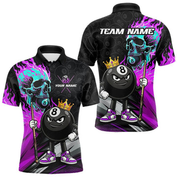 Maxcorners Purple Flame 8 Ball Funny Billiard Polo 1/4-Zip For Men Custom Turquoise Skull Pool Billiard Team Jersey LM0409