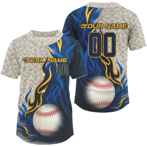 Maxcorners Custom Yellow And Blue Flames Baseball Ball Shirt For Men Youth Baseball Team Jerseys LM1109