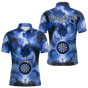 Maxcorners Men's Custom Darts Polo Shirt Thunder Dragon & Dartboard, Darts Jersey For Fans | Blue LM1903