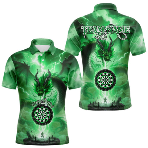 Maxcorners Men's Custom Darts Polo Shirt Thunder Dragon & Dartboard, Darts Jersey For Fans | Green LM1008
