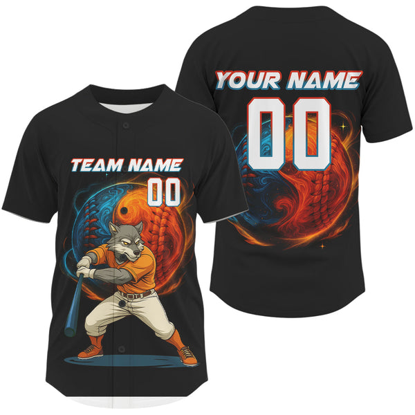 Maxcorners Custom Men Funny Baseball Jersey Personalized Wolf Plays Flame Baseball , Baseball Shirts LM2608