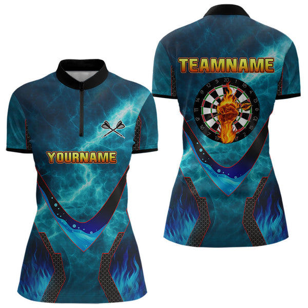 Maxcorners Lightning Turquoise Flame Hand & Darts Men's Darts Shirt - Custom Name For Players MT2306