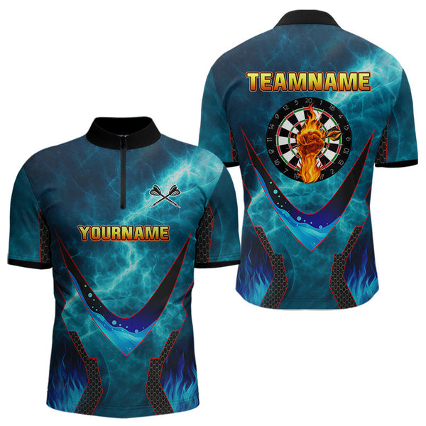 Maxcorners Lightning Turquoise Flame Hand & Darts Men's Darts Shirt - Custom Name For Players MT2306