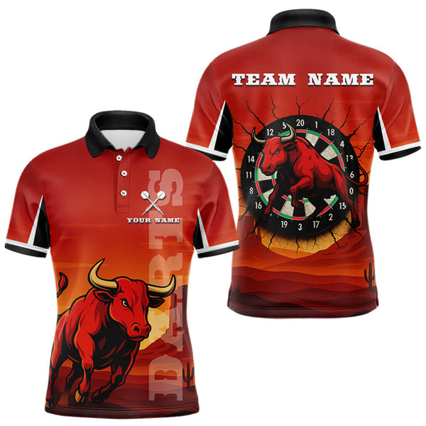 Maxcorners Red Rampage Bull & Cracked Dartboard Men's Darts Shirt - Custom Name For Players MT2306