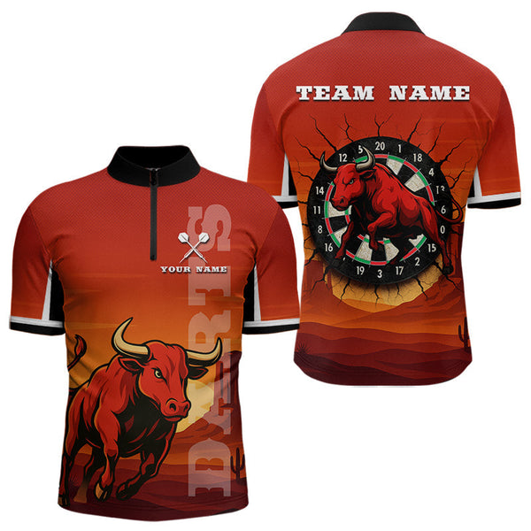 Maxcorners Red Rampage Bull & Cracked Dartboard Men's Darts Shirt - Custom Name For Players MT2306