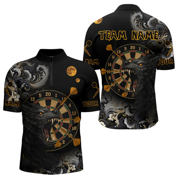 Maxcorners Black Ferocious Wolf & Gold Dartboard Darts Team Shirt For Men - Customizable NameMT0306