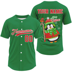Maxcorners Custom Penguin Merry Christmas Men's Baseball Jersey Green Baseball Shirt For Xmas Holiday LM0409