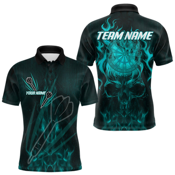Maxcorners Flaming Skull Dartboard Custom Darts Polo Shirts For Men, Turquoise Darts Jersey MT707