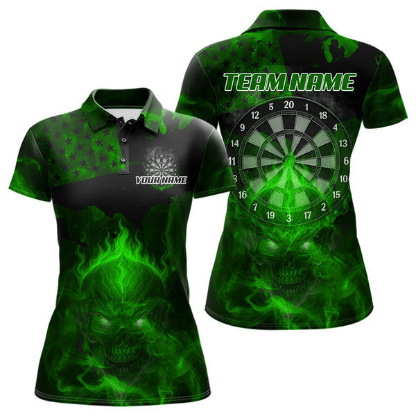 Maxcorners US Flag & Skull Custom Patriotic Green Dart Polo Shirts For Men, Dart Team Jerseys LM2007