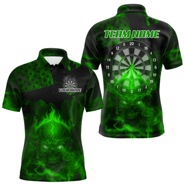 Maxcorners US Flag & Skull Custom Patriotic Green Dart Polo Shirts For Men, Dart Team Jerseys LM2007