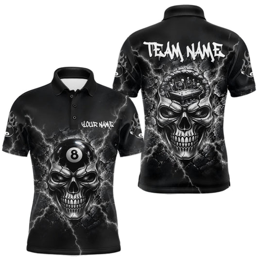 Maxcorners Custom Cracked Skull 8 Ball Billiard Shirt For Men Grey Thunder Skeleton Billiards 1/4-Zip Polo Jersey LM0510