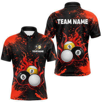 Maxcorners Red Splatter Flame 8 Ball & 9 Ball Pool Polo 1/4-Zip Shirt For Men Personalized Billiard Team Apparel