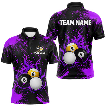 Maxcorners Purple Splatter Flame 8 Ball & 9 Ball Pool Polo 1/4-Zip Shirt For Men Personalized Billiard Team Apparel