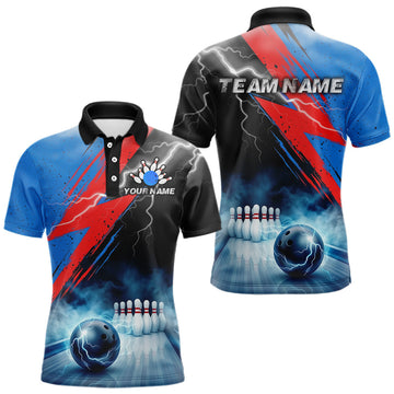 Maxcorners Thunder Lightning Bowling Polo 1/4-Zip Shirts For Men Custom Blue Smokes Team Bowling Jerseys LM0706
