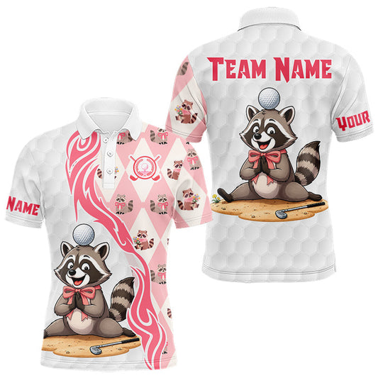 Maxcorners Matching Golf Polo Shirts For Men Custom Pink & White Glitter Raccoon Golf Team Outfits