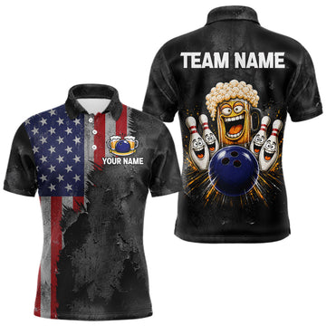 Maxcorners American Flag Grunge Patriotic Bowling Shirt For Men Custom Funny Beer Bowling Tournament Jersey