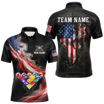 Maxcorners Smoke US Flag Smoke Billiard Polo & 1/4-Zip For Men Custom Patriotic 8 Ball Pool Team Jersey LM1005
