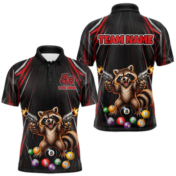 Maxcorners Grunge Raccoon Gun 8 Ball Mens Billiard Polo Shirts Custom Black And Red Funny Billiard Team Apparel