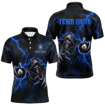 Maxcorners Custom Blue Grim Reaper Thunder 8 Ball Pool Billiard Shirt For Men, Billiard Team Jersey LM1307