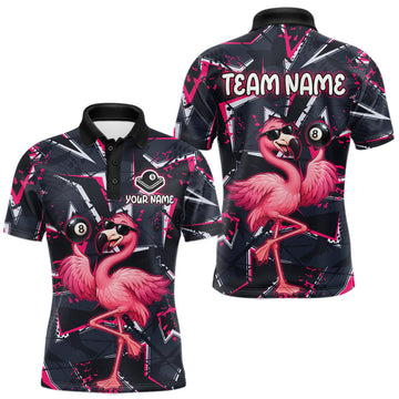 Maxcorners Custom Flamingo Men Billiard Polo 1/4-Zip Shirt Pink Strikes 8 Ball Billiard Fun Pool Team Uniform LM0410