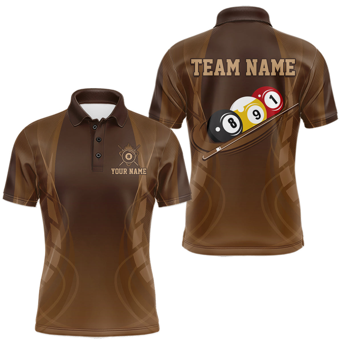 Maxcorners Brown 8 Ball 9 Ball Billiard Polo 1/4-Zip Shirt For Men Custom Billiard Pool Team Jersey