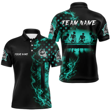 Maxcorners Teal Smokes American Flag 8 Ball Billiard Pool Shirt For Men Custom Billiard Skeleton Team Appeal LM1910