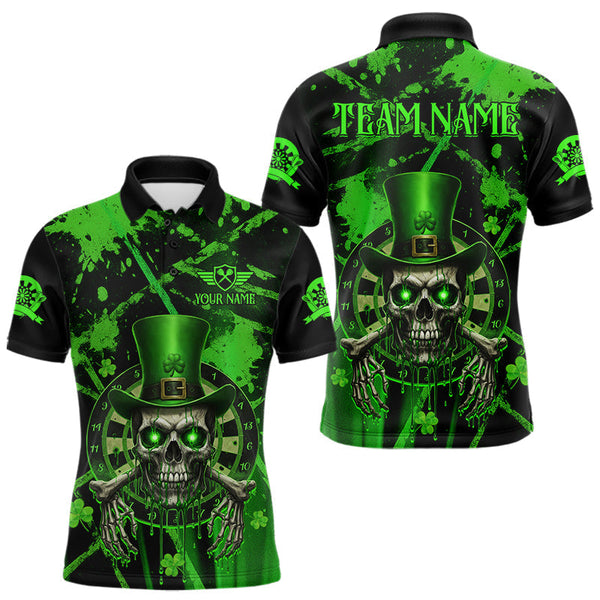 Maxcorners Custom Green Grunge St Patricks Day Men Darts Polo Shirt Skull Leprechaun Darts Jersey MT1511