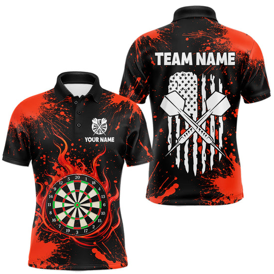 Maxcorners Custom Red Splatter Dartboard Flame Darts Polo 1/4-Zip Shirt For Men US Flag Darts Team Apparel