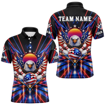 Maxcorners Eagle Bowling Polo 1/4-Zip Shirt For Men Custom Red & Blue Lighting Retro 80S Bowling Team Jersey