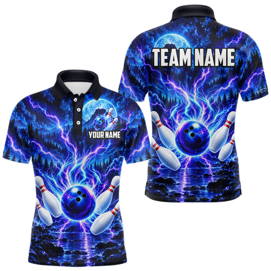 Maxcorners Blue Lightning Bowling Polo 1/4-Zip Shirt For Men Personalized Thunder & Moon Bowling Jersey