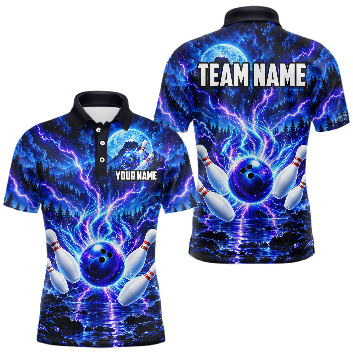 Maxcorners Blue Lightning Bowling Polo 1/4-Zip Shirt For Men Personalized Thunder & Moon Bowling Jersey