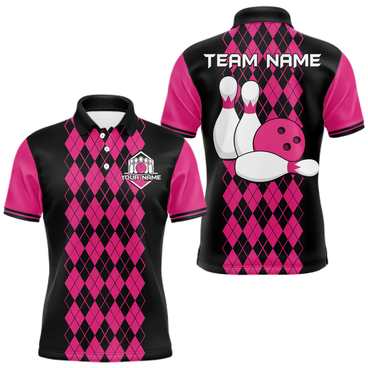 Maxcorners Argyle Bowling Shirt Polo Quarter-Zip For Men Custom Pink Argyle Plaid Bowling League Uniform