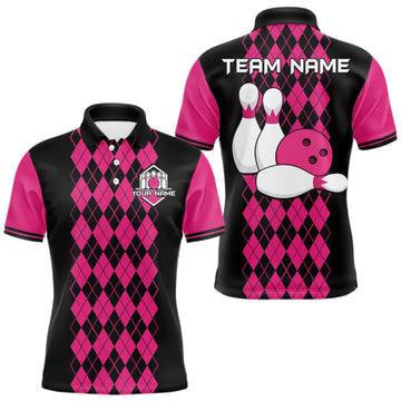 Maxcorners Argyle Bowling Shirt Polo Quarter-Zip For Men Custom Pink Argyle Plaid Bowling League Uniform