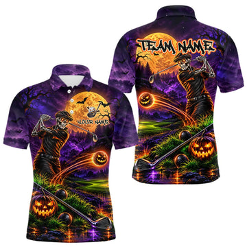Maxcorners Personalized Halloween Skeleton Golf Polo Shirt For Men Custom Name Halloween Pumpkin Golf Jersey LM1910