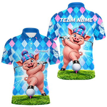 Maxcorners Cute Pig Funny Golf Polo Shirt For Men Custom Blue Pink Argyle Plaid Golf Tounament Jersey LM1910