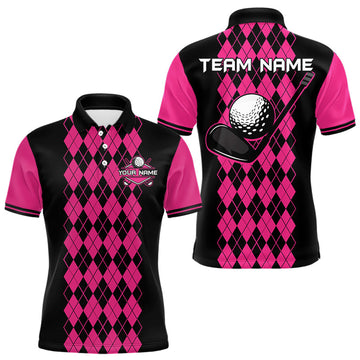 Maxcorners Argyle Golf Polo Shirt For Men Personalized Pink Argyle Golf Shirt Short Sleeve Golf Apparel