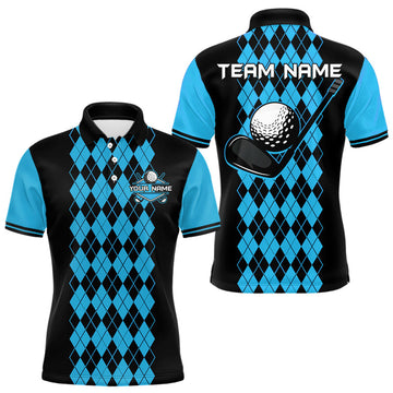 Maxcorners Argyle Golf Polo Shirt For Men Personalized Blue Argyle Golf Shirt Short Sleeve Golf Apparel