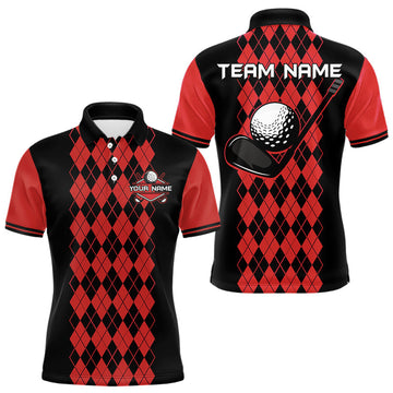 Maxcorners Argyle Golf Polo Shirt For Men Personalized Red Argyle Golf Shirt Short Sleeve Golf Apparel