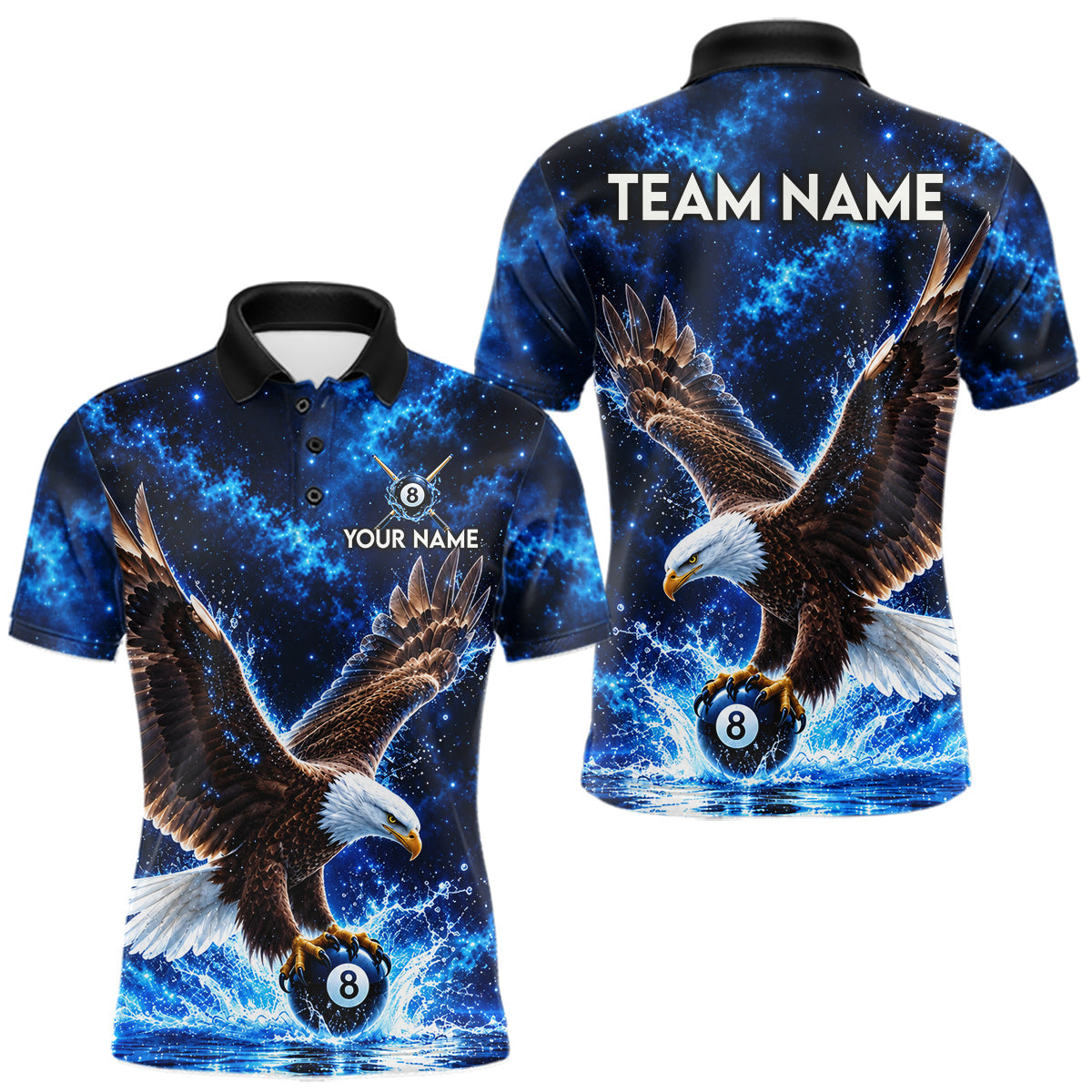 Maxcorners Custom Watering Eagle 8-Ball Billiard Polo Shirt For Men Personalized Blue 8-Ball Pool Jersey