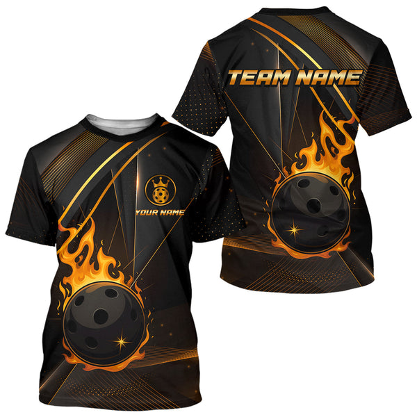 Maxcorners Custom Black And Gold Pickleball Ball T-Shirt For Men Flames Pickleball Team Jersey MT2009